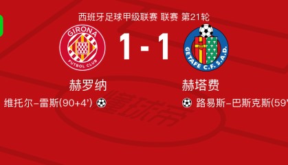 赫罗纳1-1赫塔费，路易斯-巴斯克斯先拔头筹，维托尔-雷斯扳平比分